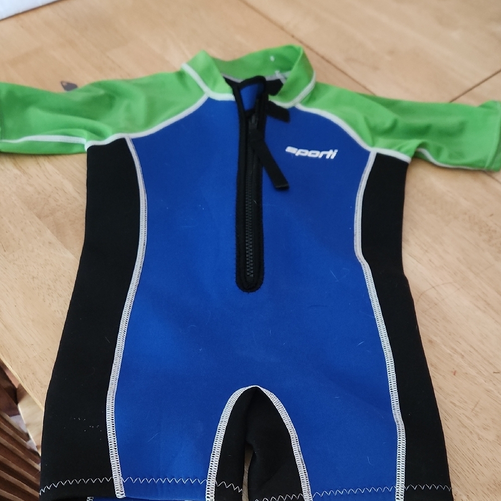 Blue and Green One Piece Swim Wetsuit with Color-Block Design